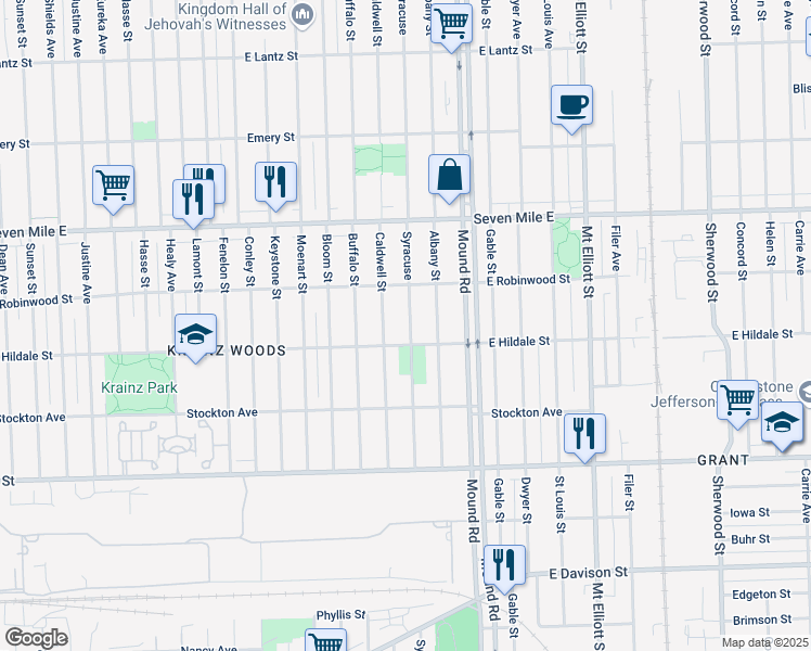 map of restaurants, bars, coffee shops, grocery stores, and more near 18635 Syracuse Street in Detroit