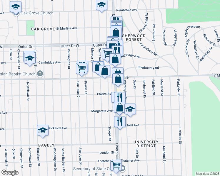 map of restaurants, bars, coffee shops, grocery stores, and more near 18942 Stoepel Street in Detroit
