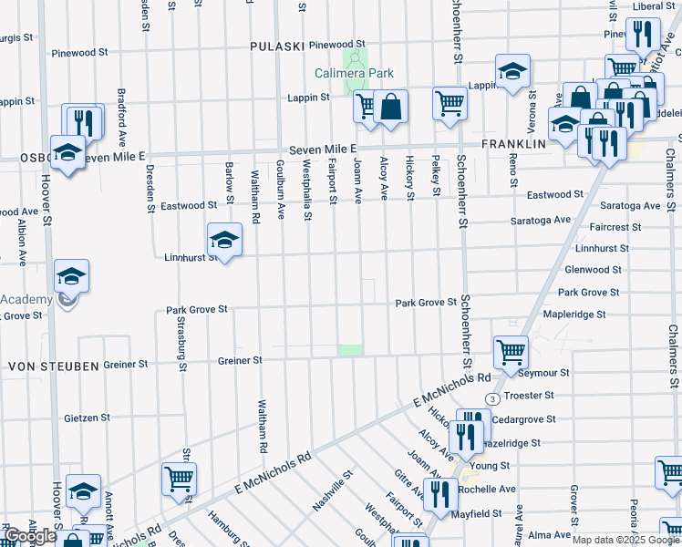 map of restaurants, bars, coffee shops, grocery stores, and more near 18472 Fairport Street in Detroit