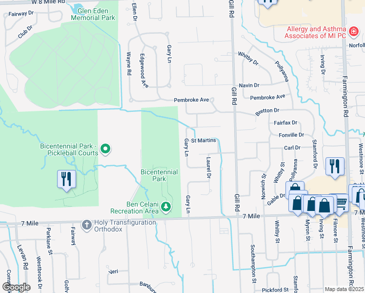 map of restaurants, bars, coffee shops, grocery stores, and more near 19643 Gary Lane in Livonia