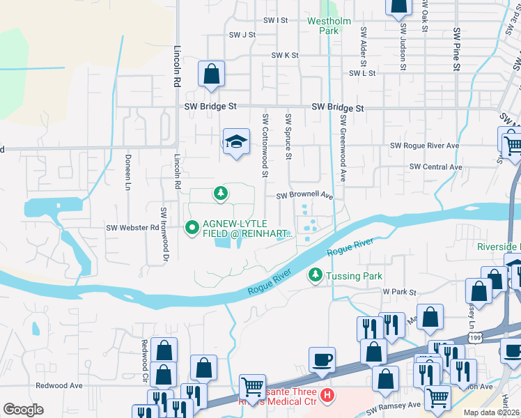 map of restaurants, bars, coffee shops, grocery stores, and more near 1209 Southwest Cottonwood Street in Grants Pass