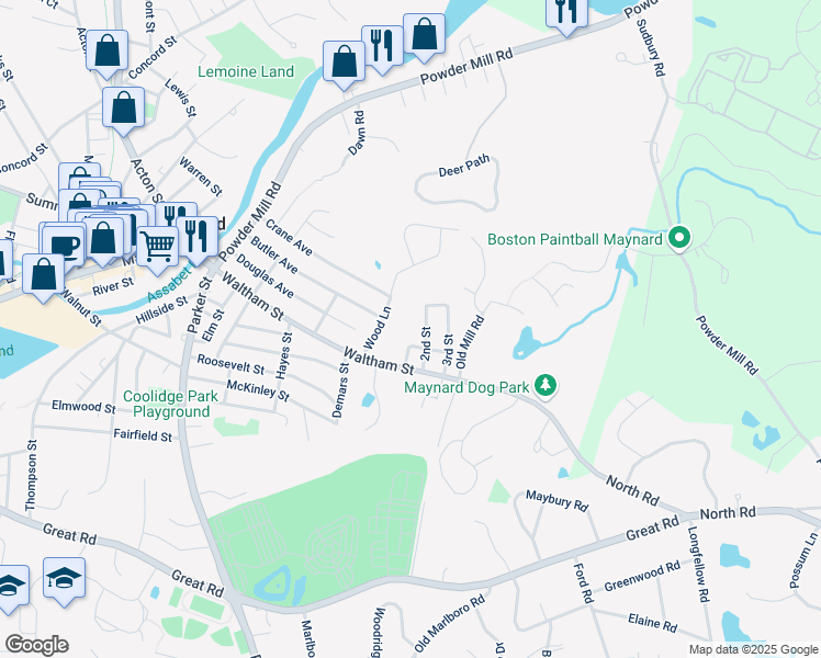 map of restaurants, bars, coffee shops, grocery stores, and more near 8 2nd Street in Maynard