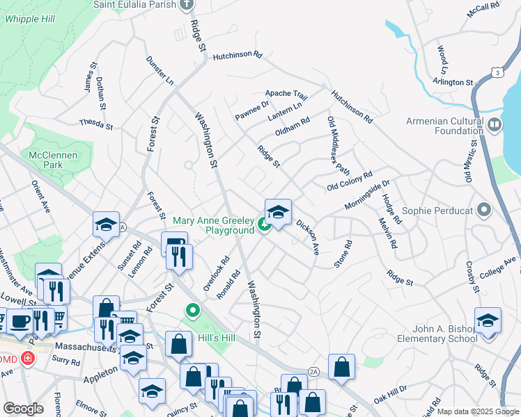 map of restaurants, bars, coffee shops, grocery stores, and more near 162 Overlook Road in Arlington