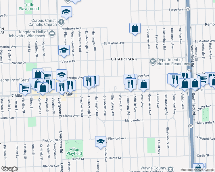 map of restaurants, bars, coffee shops, grocery stores, and more near 19144 Grandville Avenue in Detroit