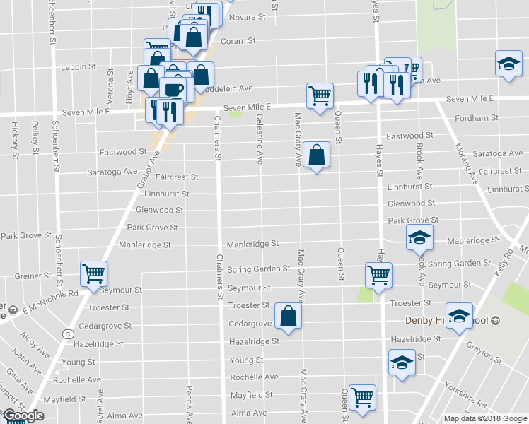 map of restaurants, bars, coffee shops, grocery stores, and more near 14614 Glenwood Street in Detroit