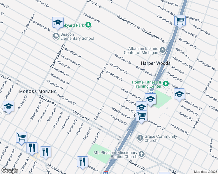 map of restaurants, bars, coffee shops, grocery stores, and more near 20293 Elkhart Street in Harper Woods