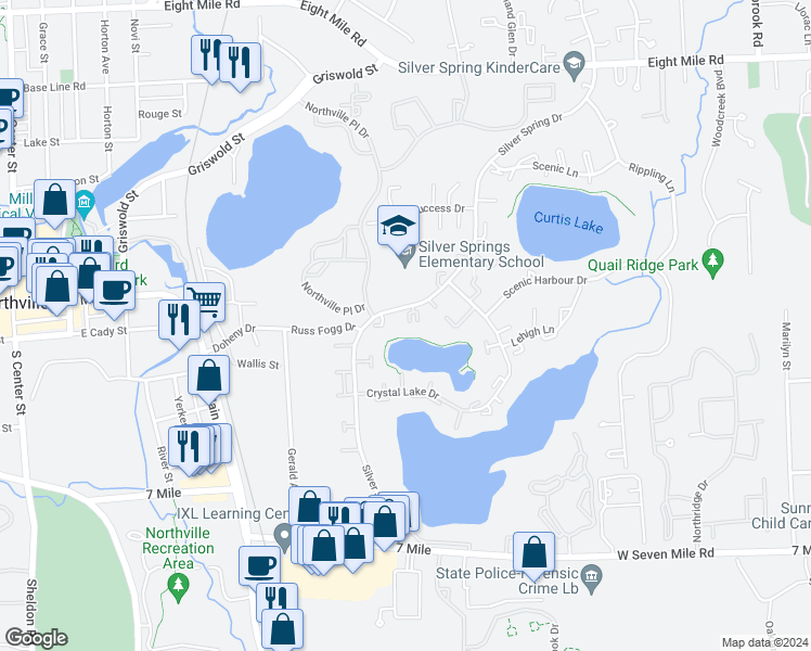 map of restaurants, bars, coffee shops, grocery stores, and more near 19709 Hayes Court in Northville