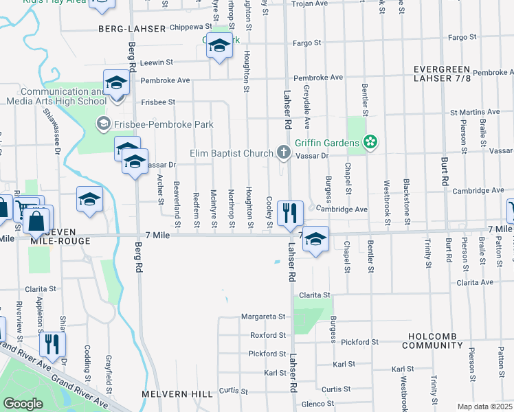 map of restaurants, bars, coffee shops, grocery stores, and more near 19190 Houghton Street in Detroit