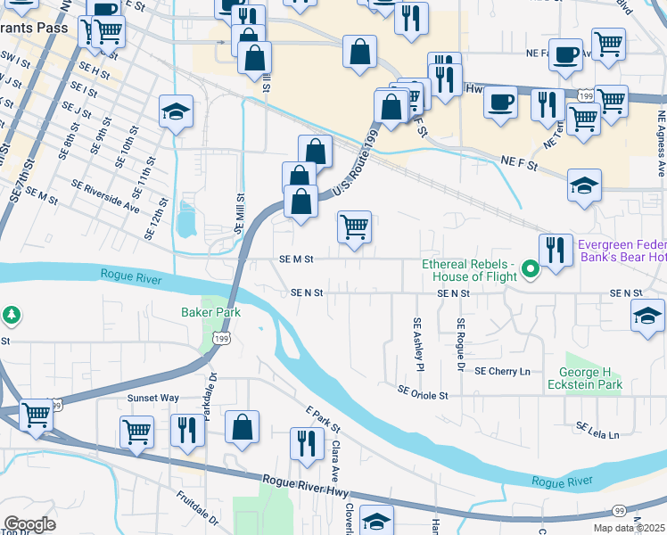 map of restaurants, bars, coffee shops, grocery stores, and more near 969 Southeast M Street in Grants Pass