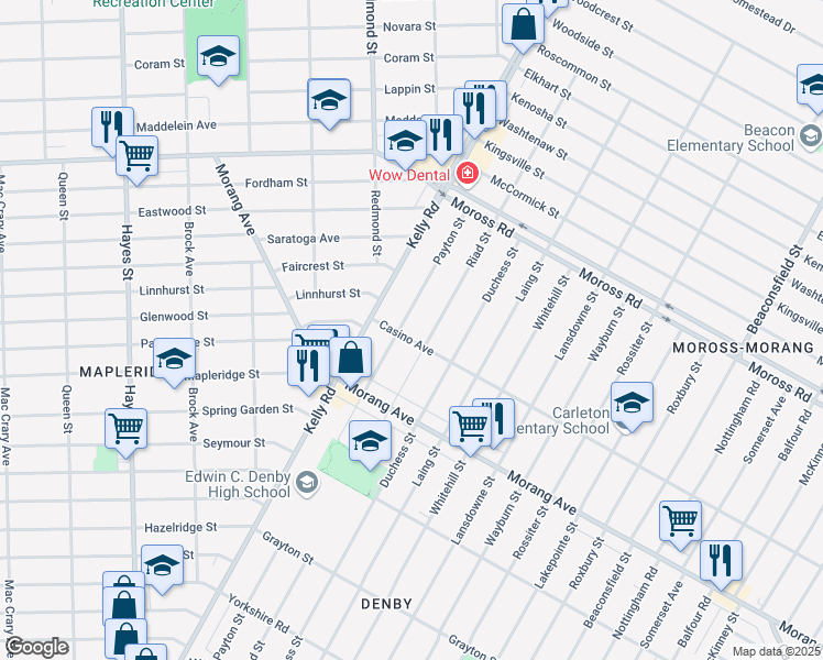map of restaurants, bars, coffee shops, grocery stores, and more near 12708 Payton Street in Detroit