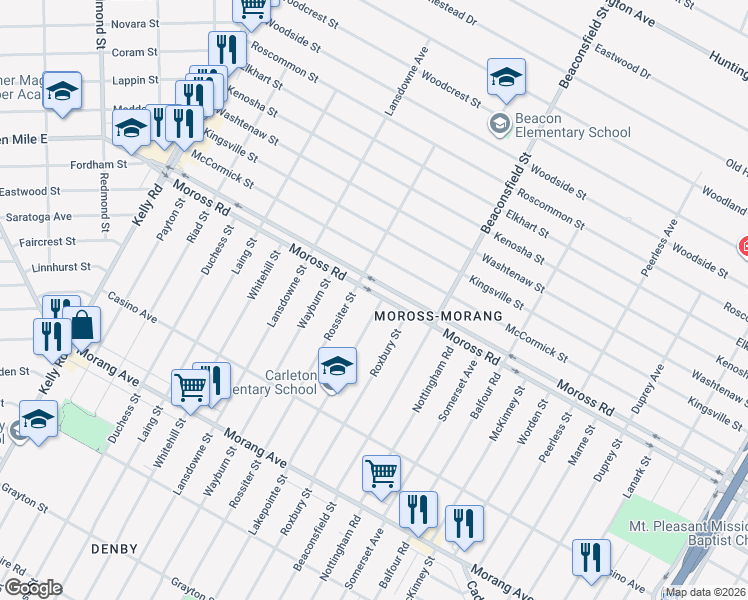 map of restaurants, bars, coffee shops, grocery stores, and more near 19346 Moross Road in Detroit
