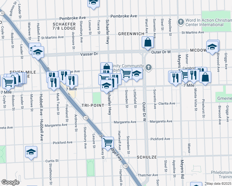 map of restaurants, bars, coffee shops, grocery stores, and more near 18981 Hartwell Street in Detroit