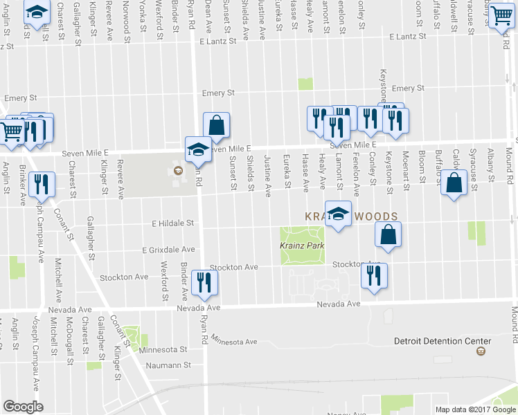 map of restaurants, bars, coffee shops, grocery stores, and more near 18656 Shields Street in Detroit