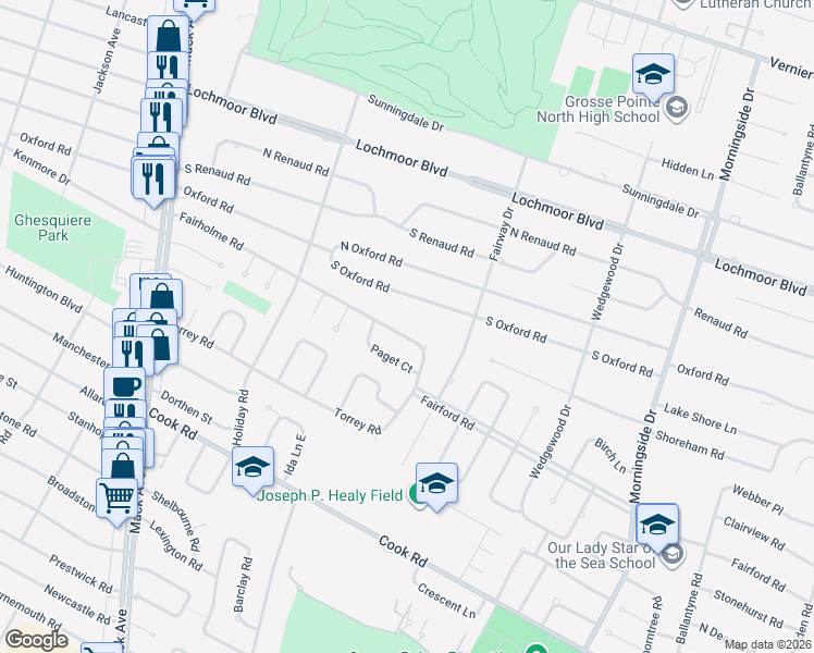 map of restaurants, bars, coffee shops, grocery stores, and more near 1180 Fairholme Road in Grosse Pointe Woods
