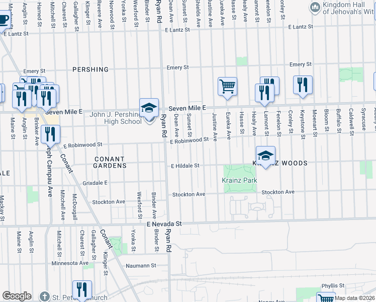 map of restaurants, bars, coffee shops, grocery stores, and more near 18657 Sunset Street in Detroit