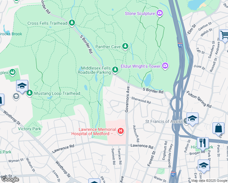 map of restaurants, bars, coffee shops, grocery stores, and more near 53 Brewster Road in Medford