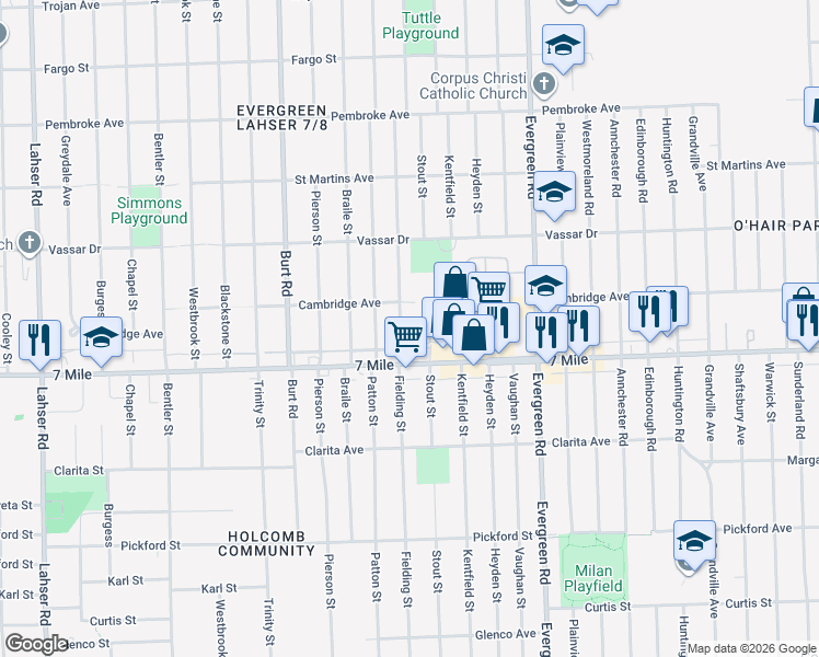 map of restaurants, bars, coffee shops, grocery stores, and more near 19162 Fielding Street in Detroit