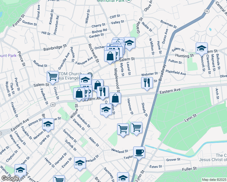 map of restaurants, bars, coffee shops, grocery stores, and more near Northern Strand Community Trail in Malden