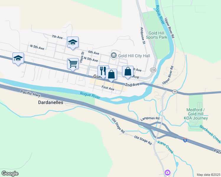 map of restaurants, bars, coffee shops, grocery stores, and more near 420 First Avenue in Central Point