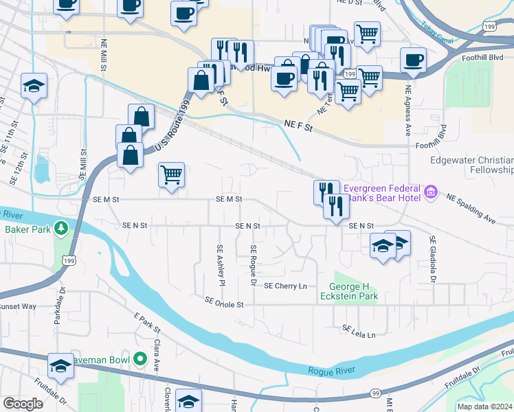 map of restaurants, bars, coffee shops, grocery stores, and more near 1317 Southeast M Street in Grants Pass