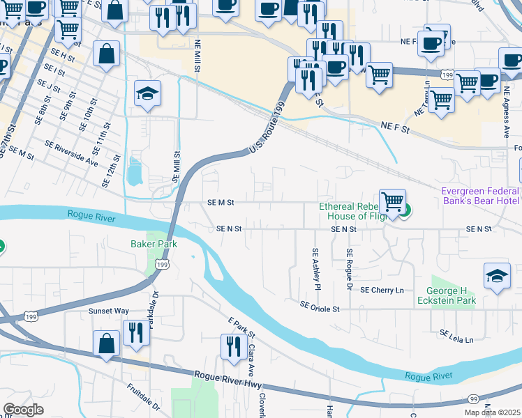 map of restaurants, bars, coffee shops, grocery stores, and more near 969 Southeast M Street in Grants Pass