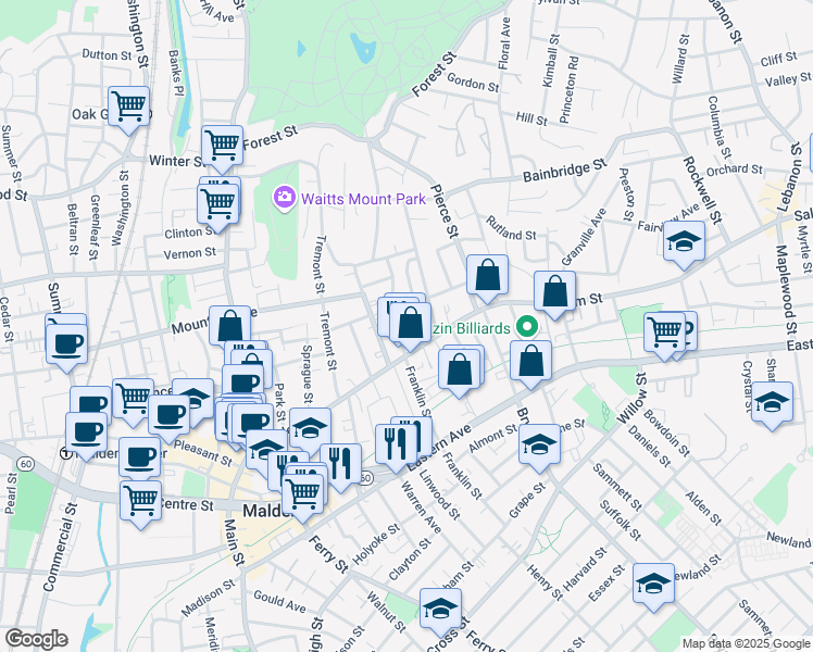 map of restaurants, bars, coffee shops, grocery stores, and more near 23-25 Wolcott Street in Malden