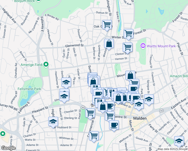 map of restaurants, bars, coffee shops, grocery stores, and more near 110 Summer Street in Malden
