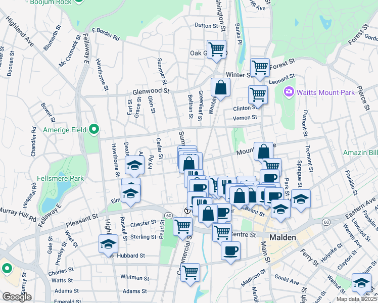 map of restaurants, bars, coffee shops, grocery stores, and more near 110 Summer Street in Malden