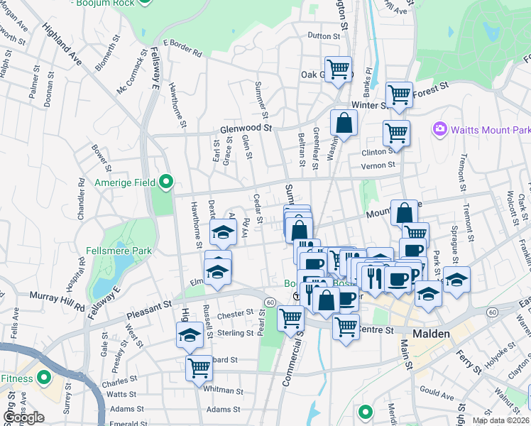 map of restaurants, bars, coffee shops, grocery stores, and more near 32 Rockland Avenue in Malden