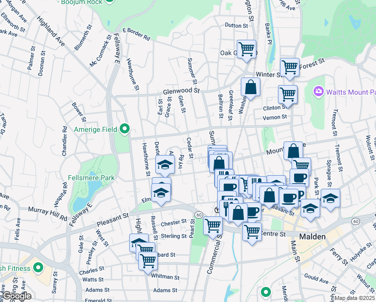 map of restaurants, bars, coffee shops, grocery stores, and more near 44 Rockland Avenue in Malden