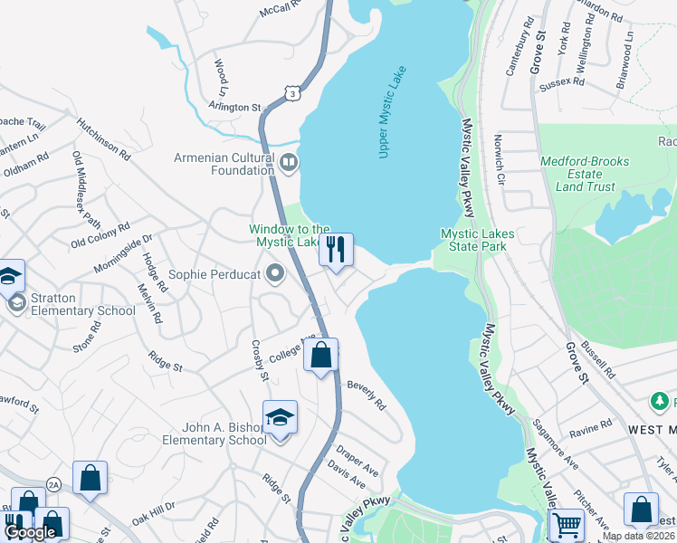 map of restaurants, bars, coffee shops, grocery stores, and more near 4 Intervale Road in Arlington