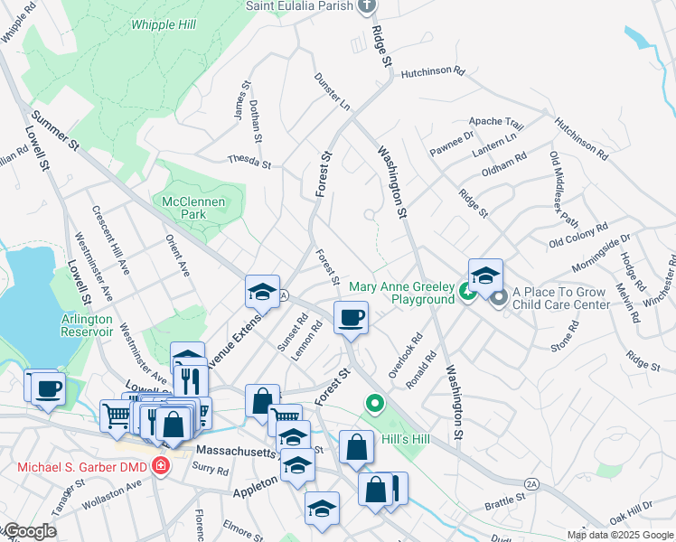 map of restaurants, bars, coffee shops, grocery stores, and more near 195 Forest Street in Arlington
