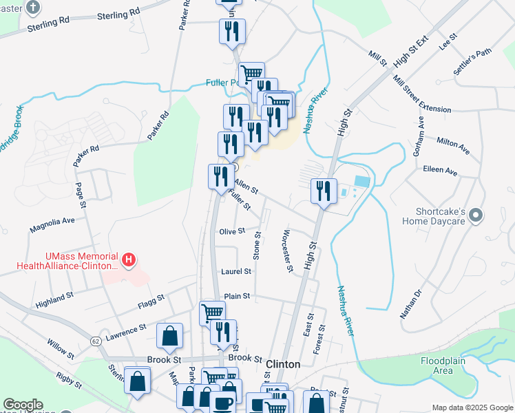 map of restaurants, bars, coffee shops, grocery stores, and more near 115 Stone Street in Clinton