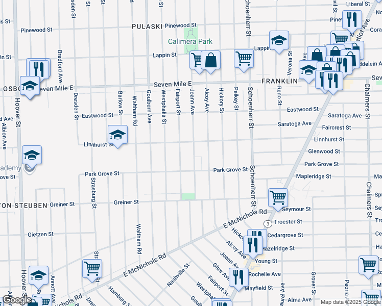 map of restaurants, bars, coffee shops, grocery stores, and more near 18472 Fairport Street in Detroit