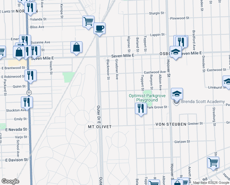 map of restaurants, bars, coffee shops, grocery stores, and more near 18514 Gruebner Avenue in Detroit
