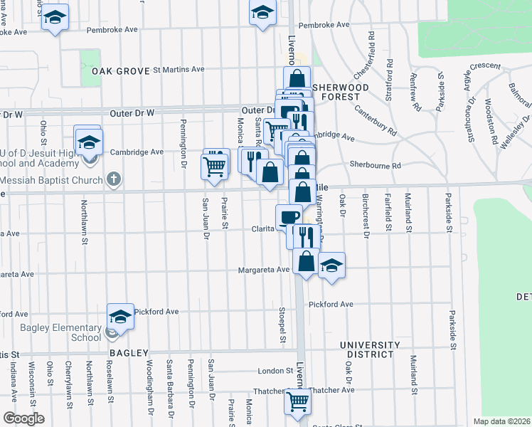 map of restaurants, bars, coffee shops, grocery stores, and more near 18950 Santa Rosa Drive in Detroit