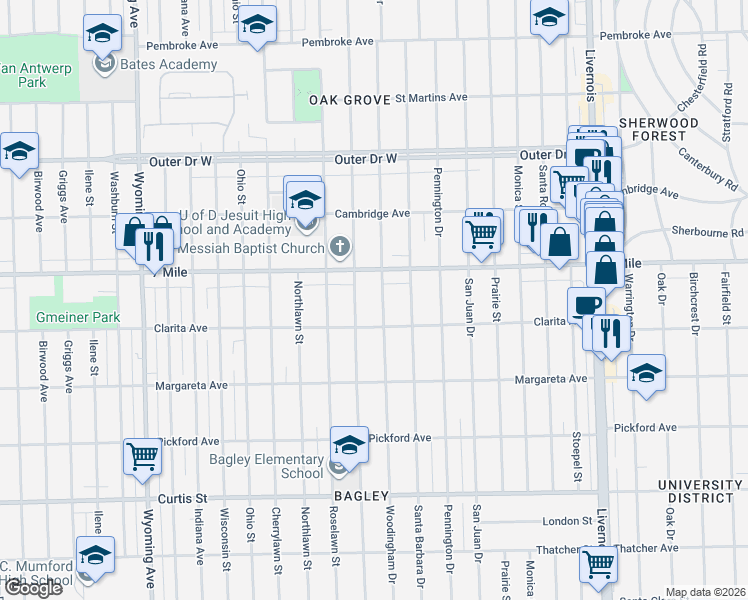map of restaurants, bars, coffee shops, grocery stores, and more near 18959 Woodingham Drive in Detroit