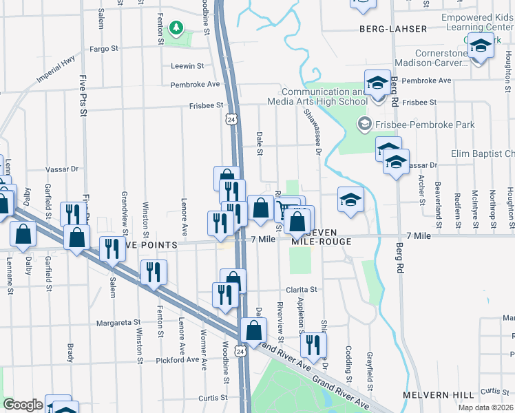 map of restaurants, bars, coffee shops, grocery stores, and more near 19248 Telegraph Road in Detroit