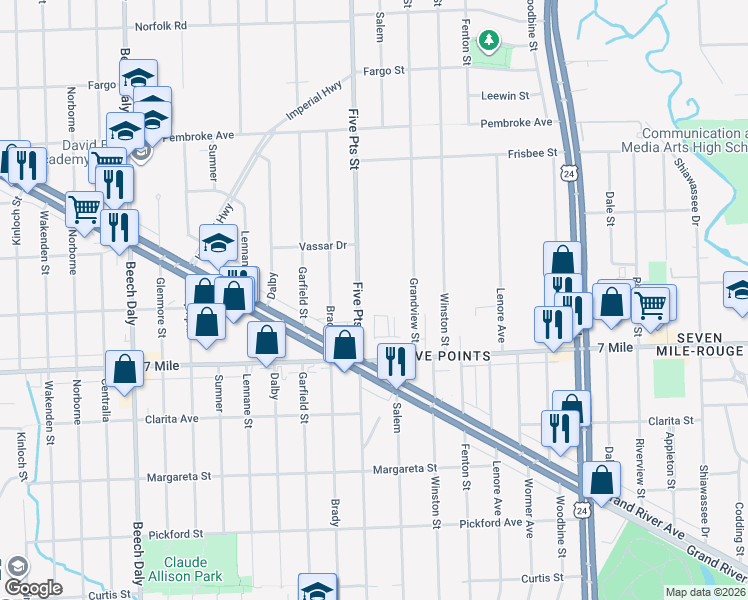 map of restaurants, bars, coffee shops, grocery stores, and more near 19247 Grandview Street in Detroit