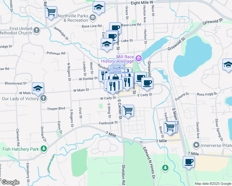 map of restaurants, bars, coffee shops, grocery stores, and more near in Northville