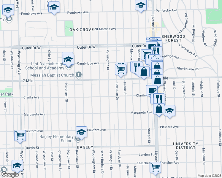 map of restaurants, bars, coffee shops, grocery stores, and more near 18954 Pennington Drive in Detroit