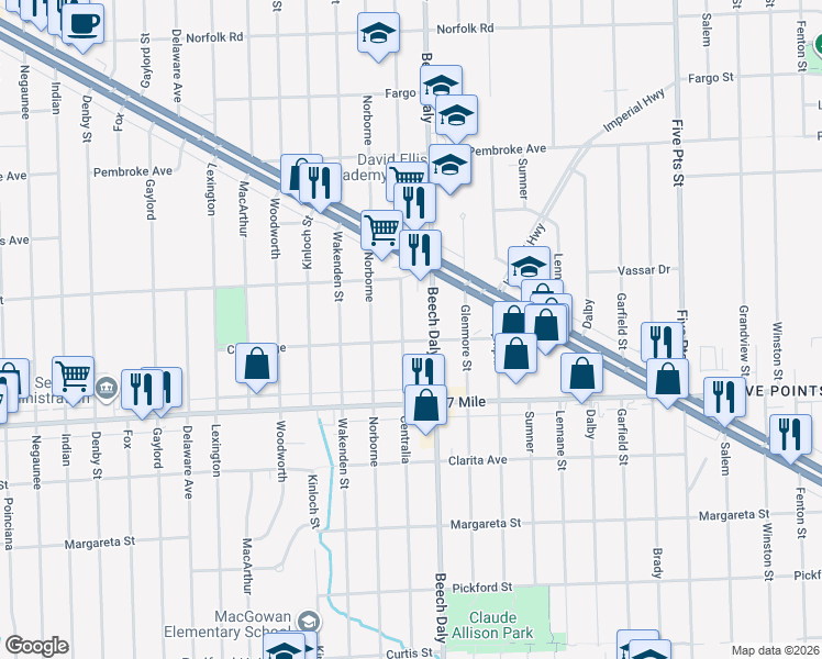 map of restaurants, bars, coffee shops, grocery stores, and more near 19316 Centralia in Redford Charter Township