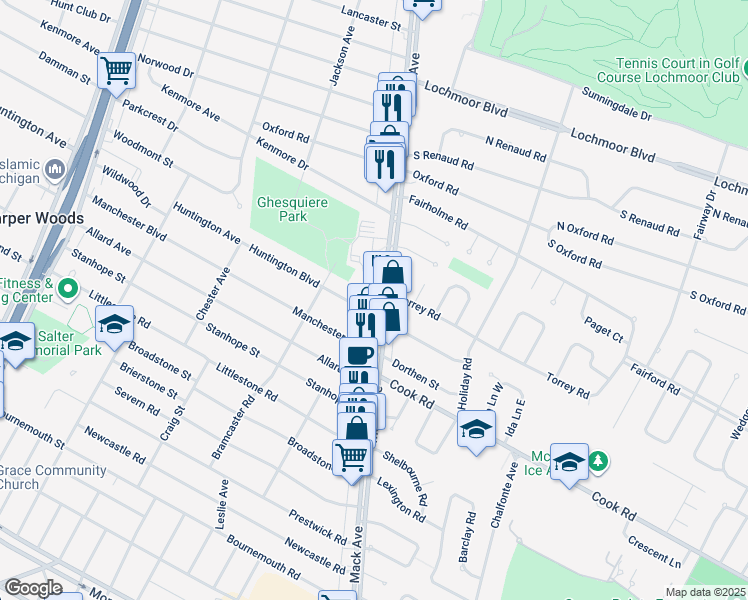 map of restaurants, bars, coffee shops, grocery stores, and more near 19869 Mack Avenue in Grosse Pointe Woods