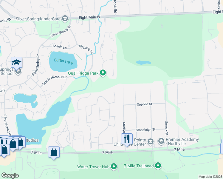 map of restaurants, bars, coffee shops, grocery stores, and more near 19437 Cardene Court in Northville