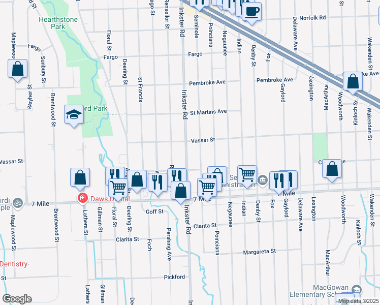 map of restaurants, bars, coffee shops, grocery stores, and more near 19364 Inkster Road in Redford Charter Township
