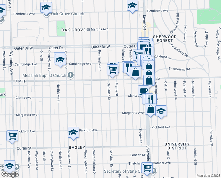 map of restaurants, bars, coffee shops, grocery stores, and more near 18954 San Juan Drive in Detroit