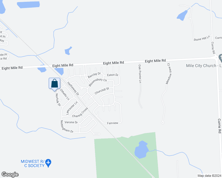 map of restaurants, bars, coffee shops, grocery stores, and more near 8174 Churchill Street in Northville