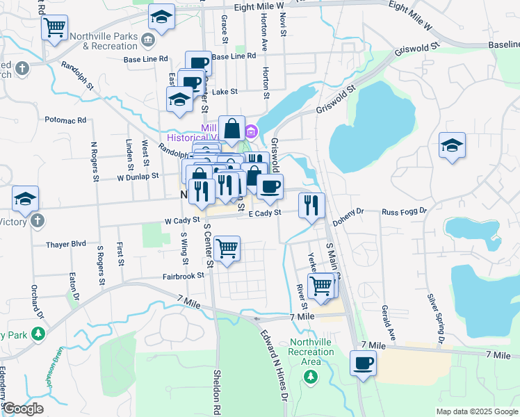 map of restaurants, bars, coffee shops, grocery stores, and more near 335 East Cady Street in Northville