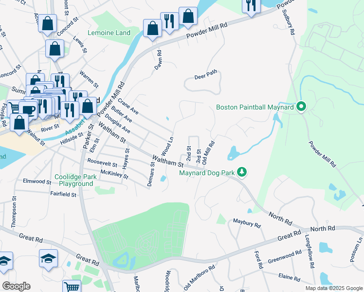 map of restaurants, bars, coffee shops, grocery stores, and more near 8 2nd Street in Maynard