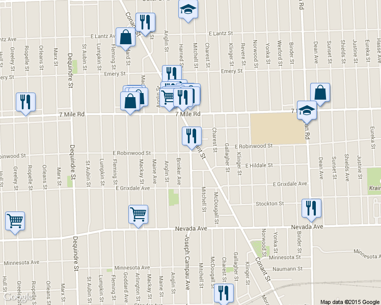 map of restaurants, bars, coffee shops, grocery stores, and more near 18800 Joseph Campau St in Detroit